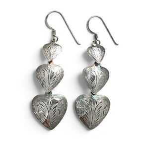 Vintage Etched 925 Sterling Silver Tiered Graduating Heart Dangle Earrings